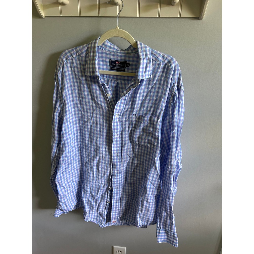 Vineyard Vines Mens XL Classic Fit Murray Shirt 100% Linen Gingham Blue Purple